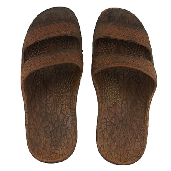 Pali Hawaii Brown Rubber Two Strap Upper Round Toe Slide Flat Flip Flop Sandal - Picture 1 of 11